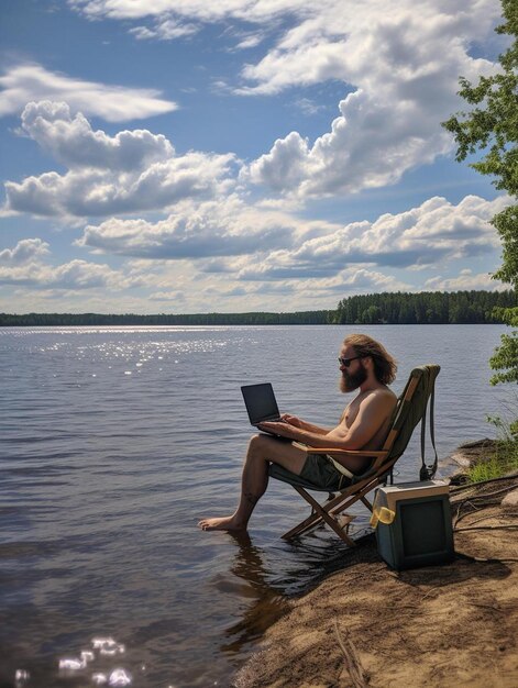 Foto hombre con laptop junto al lago