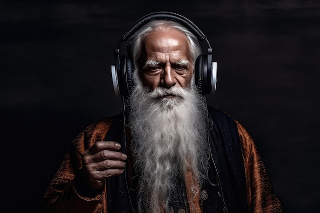 El hombre de la larga barba blanca con auriculares y escuchando música.