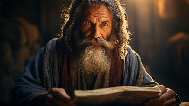 Foto hombre de larga barba blanca leyendo un libro