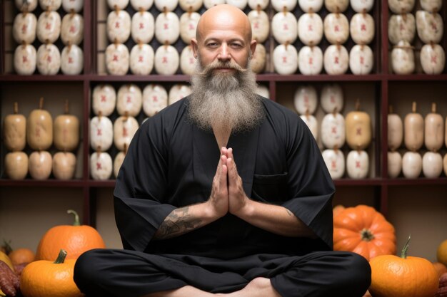 Un hombre con una larga barba sentado en posición de meditación ai