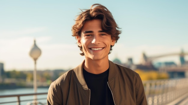 Hombre latino adolescente sonriente con foto de cabello lacio castaño