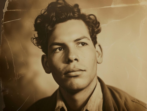 Foto hombre latino adulto fotorrealista con ilustración vintage de cabello castaño rizado