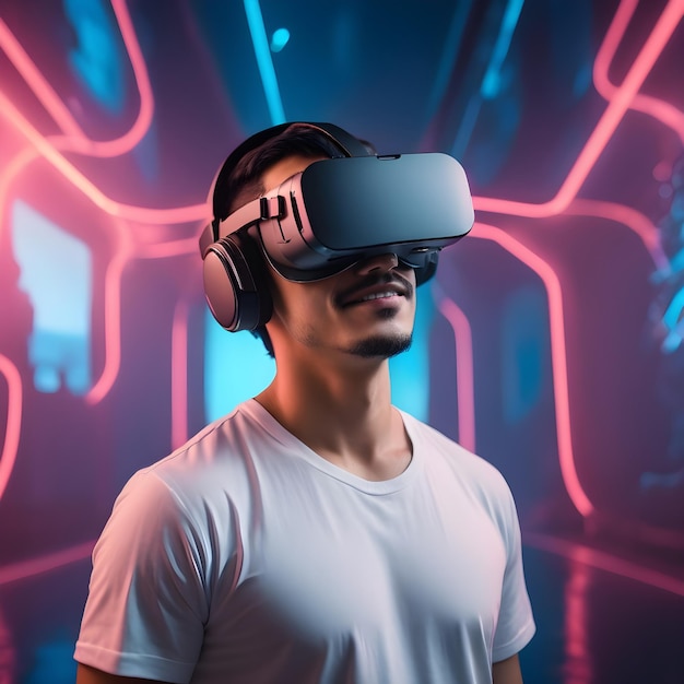 Un hombre latino feliz con un auricular de realidad virtual en un paisaje futurista