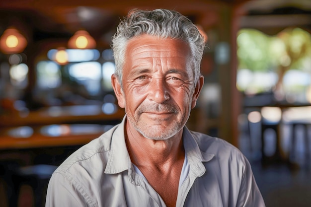 Un hombre latino o hispano de unos sesenta años, sano y atractivo, sonriendo y expresando calidez