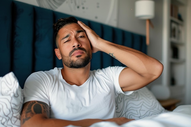 Foto hombre latinoamericano infeliz con dolor de cabeza sentado en la cama