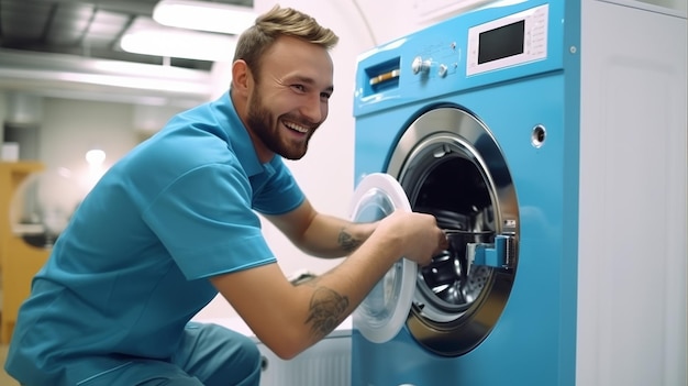 Foto hombre lavadora azul