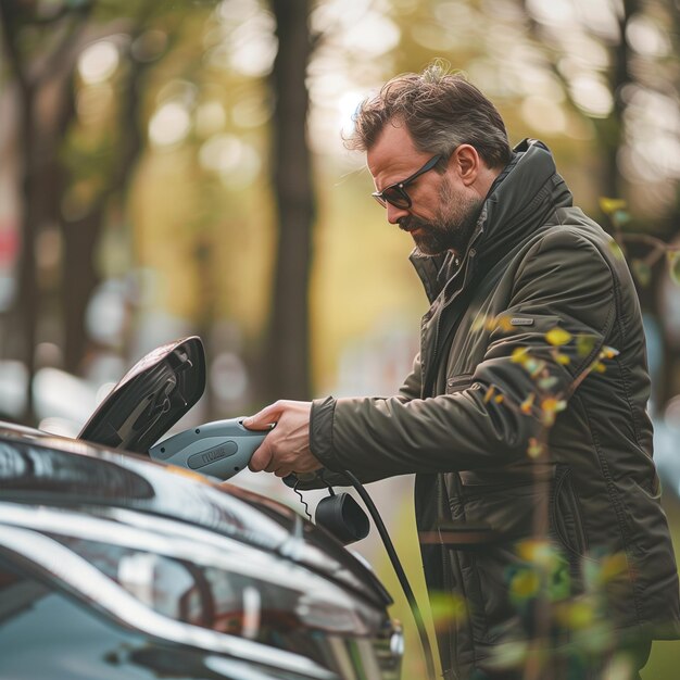 Foto un hombre está lavando y cargando un coche con la capucha arriba