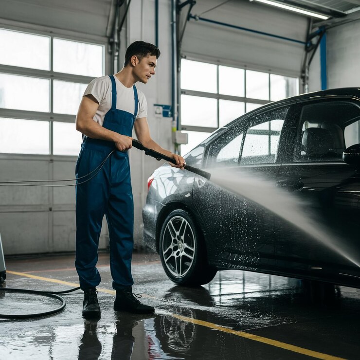 un hombre lavando un coche con agua saliendo de él