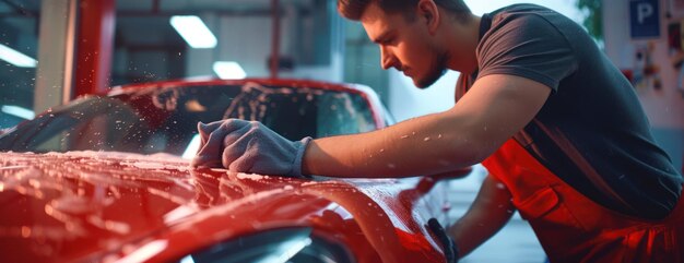 Hombre lavando un coche rojo en el garaje