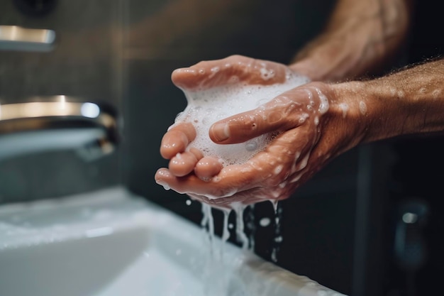Foto hombre lavándose las manos con jabón en el baño