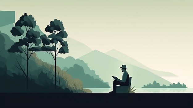 hombre, lectura, libro, en, paisaje