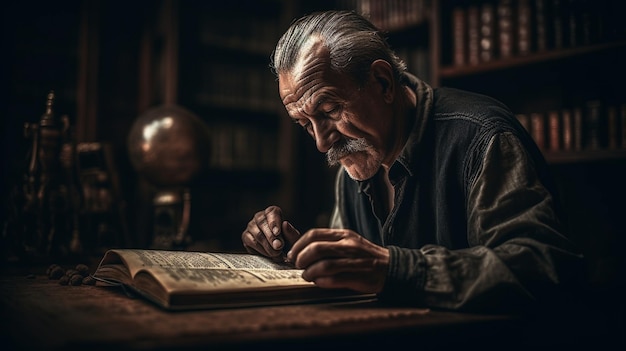 Un hombre lee un libro en una habitación oscura.