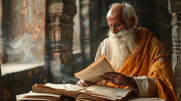 Foto un hombre lee un libro en un templo