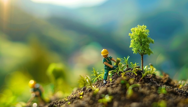 un hombre de lego con un casco amarillo está de pie en la tierra