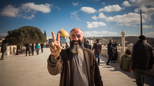 Un hombre levanta el signo de la victoria frente a la Cúpula de la Mezquita de la Roca en Jerusalén