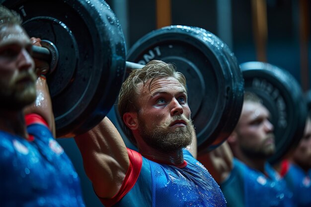 Foto hombre levantando una barra en el gimnasio