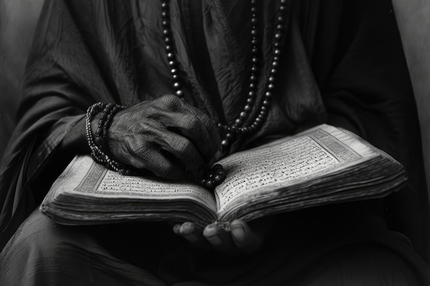 Foto un hombre leyendo el corán con cuentas en la mano durante el ramadán