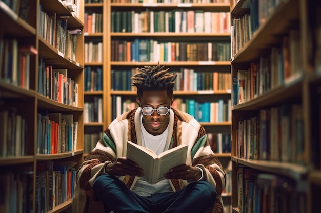 Un hombre leyendo un libro en una biblioteca con muchos libros.