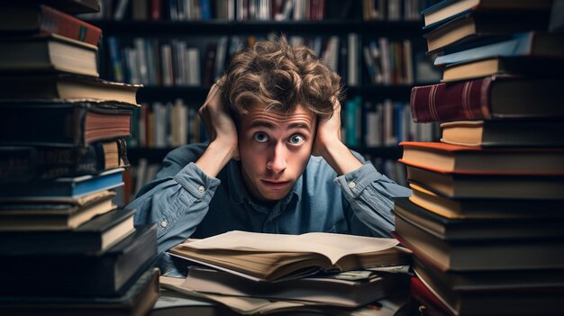 Hombre leyendo un libro en la biblioteca de regreso a la escuela