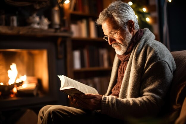 Hombre leyendo un libro en una biblioteca con un suéter acogedor