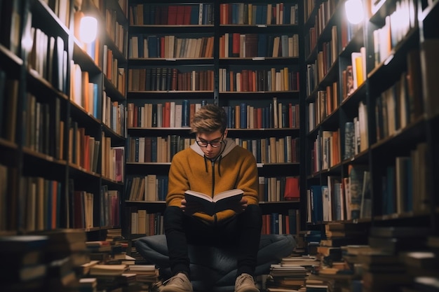 Un hombre leyendo un libro en una biblioteca.