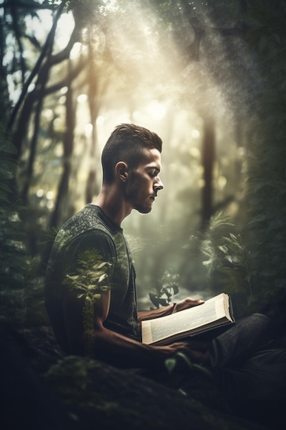 Un hombre leyendo un libro en el bosque