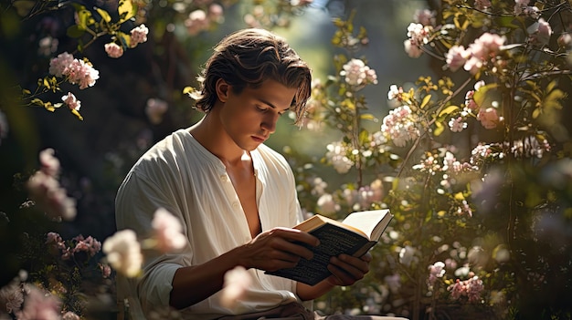 Hombre leyendo un libro en un campo de flores Día Mundial del Libro