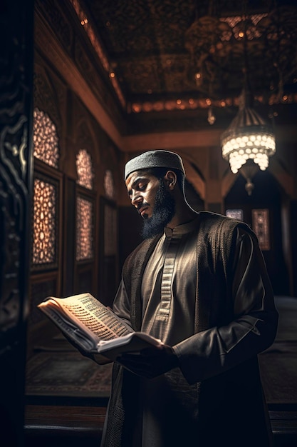 Un hombre leyendo un libro en un cuarto oscuro.