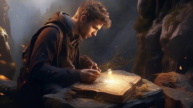 Foto un hombre leyendo un libro en la cueva de la montaña concepto de libro de historias