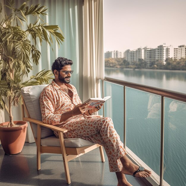 Foto un hombre leyendo un libro frente a un lago.