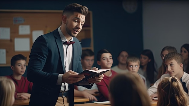 Hombre leyendo un libro a un grupo de niños Día Mundial del Libro