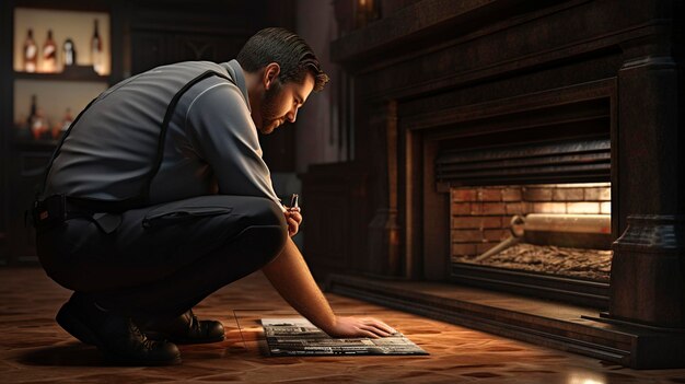 Foto un hombre está leyendo un libro junto a una chimenea