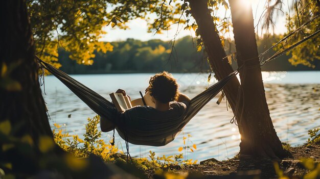Hombre leyendo un libro mientras está acostado en una hamaca la hamaca está colgada entre dos árboles junto al lago el sol está brillando a través de los árboles