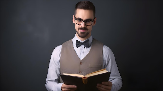 Un hombre leyendo un libro con una pajarita.