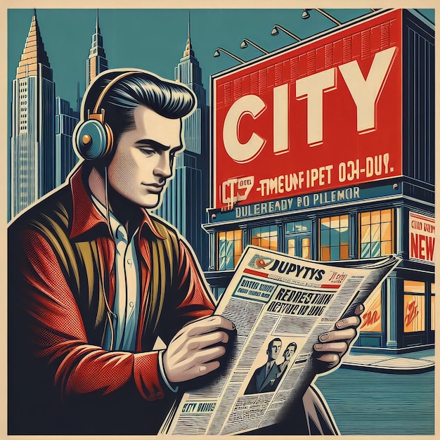 Un hombre leyendo noticias con el fondo de la ciudad en estilo retro