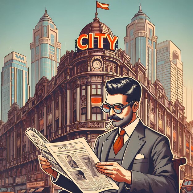 Un hombre leyendo noticias con el fondo de la ciudad en estilo retro