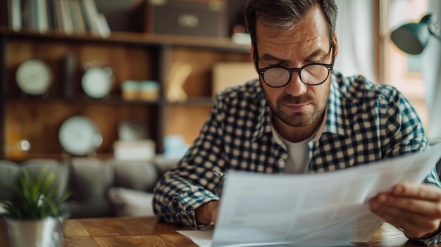 Hombre leyendo papel en la mesa