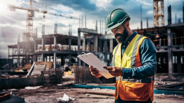 un hombre leyendo un periódico frente a un sitio de construcción