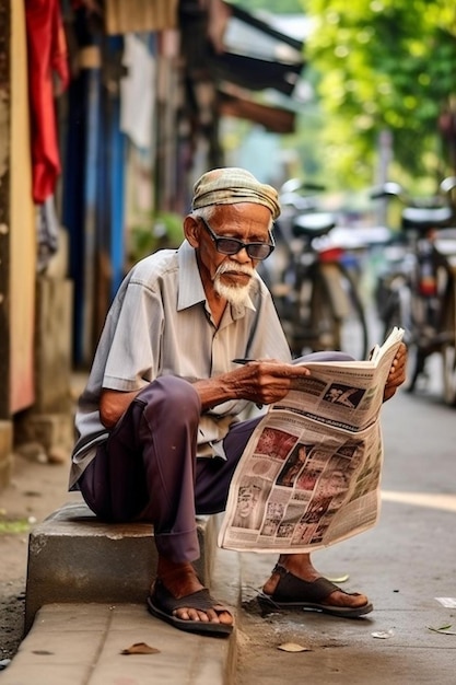 Foto un hombre leyendo un periódico mientras está sentado en una acera