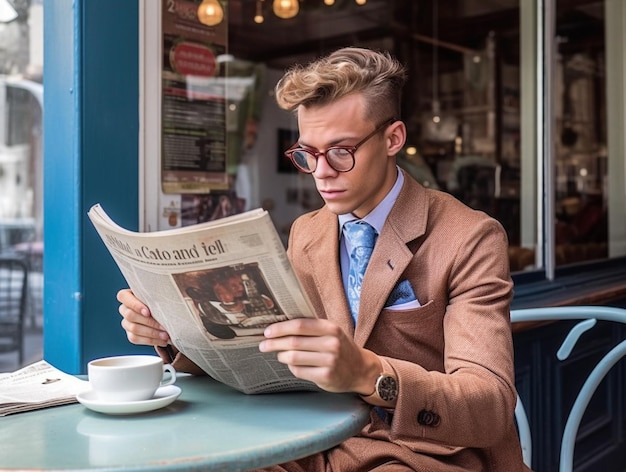 Un hombre leyendo un periódico con una taza de café sobre la mesa.