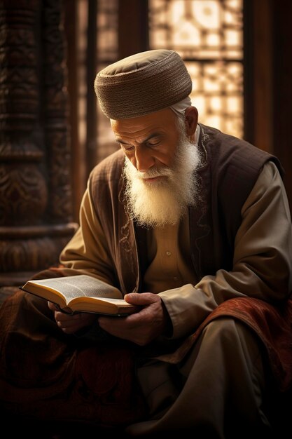 hombre leyendo el Sagrado Corán en la mezquita