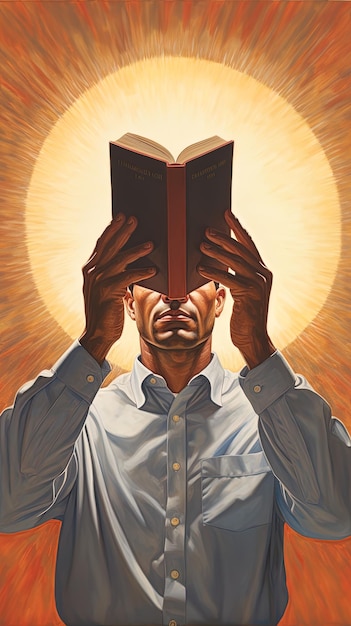Foto un hombre con un libro cubriendo su cara con una cara que tiene una cara llena de manos