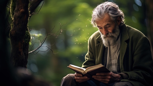 Un hombre con un libro en las manos inmerso en la lectura con una mirada pacífica