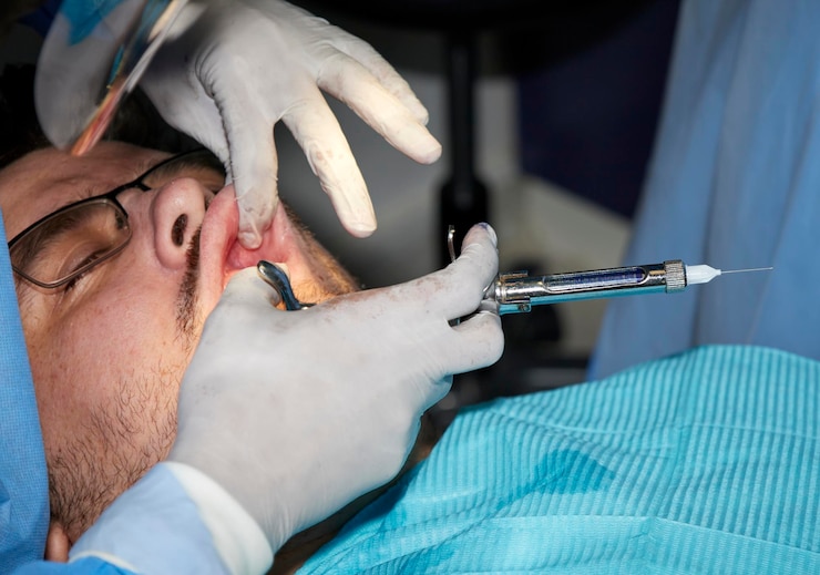 Foto un hombre con una ligera barba se somete a un procedimiento dental