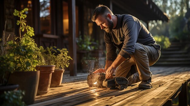 El hombre lijando la cubierta de madera al aire libre