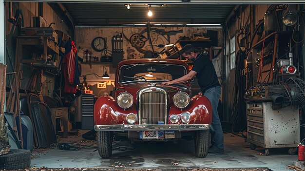 Un hombre limpia con amor su coche clásico en su garaje