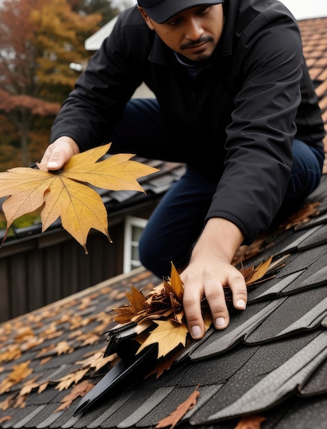 Foto un hombre limpia las hojas secas de otoño del techo de una casa para evitar la obstrucción de las alcantarillas