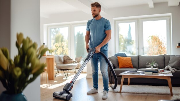 Foto el hombre limpia su casa con una aspiradora.