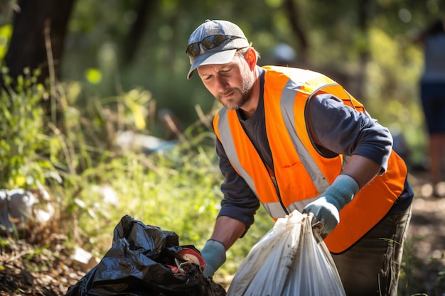 Foto un hombre está limpiando basura