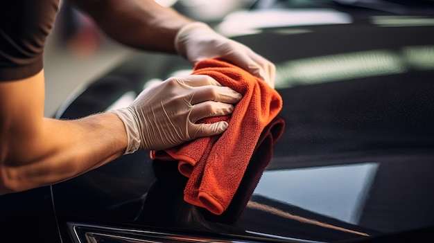 Un hombre limpiando un coche con un detalle de tela de microfibra o un concepto de valeting El fondo del lavado de coches